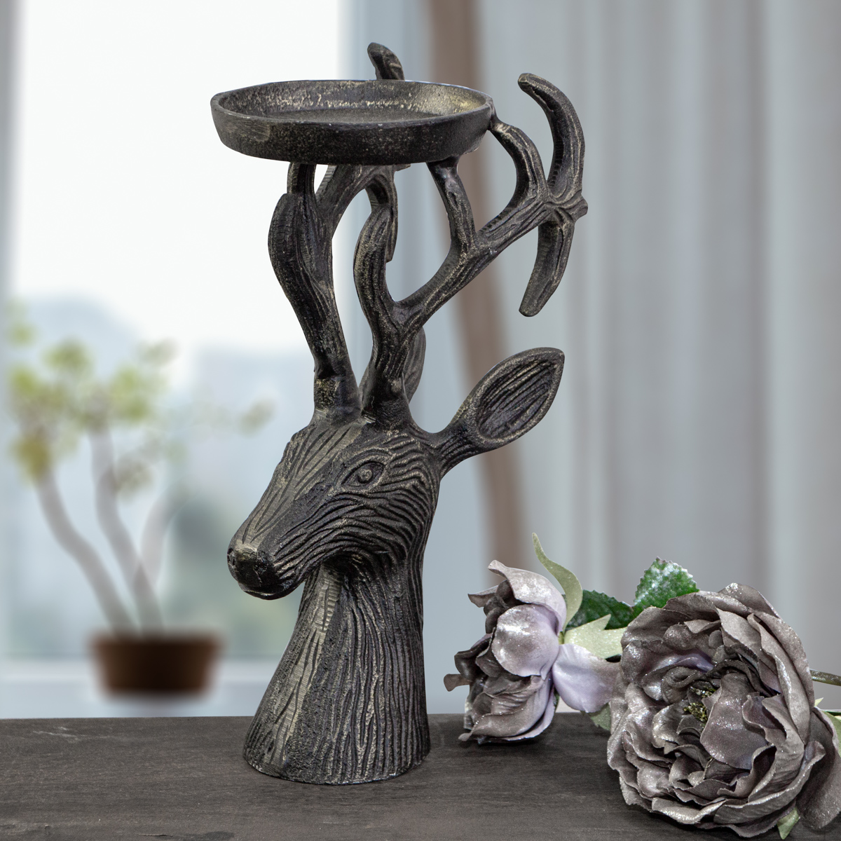 Aluminium Kerzenhalter Anthrazit, klein, Elchbüste, Dekoration