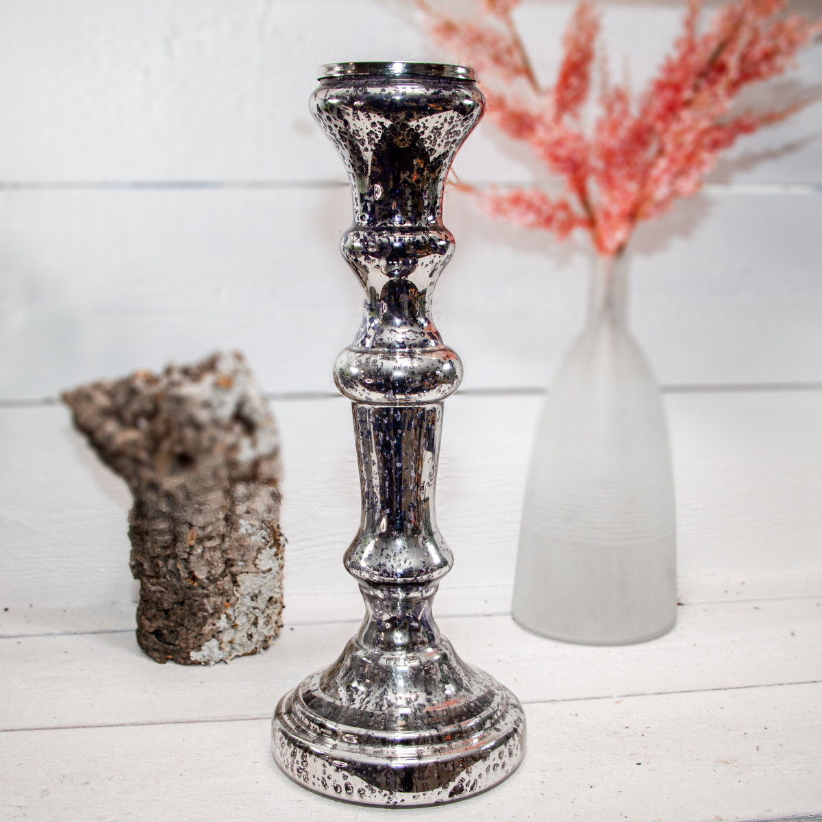 Kerzenhalter, Groß, Säule, ChabbyChic | Glas, Silber-Schwarz | H46,5xB17,0 cm