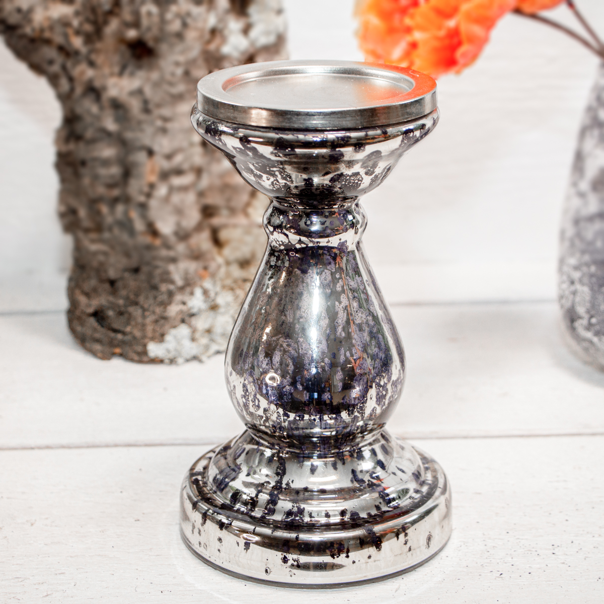 Kerzenhalter, Klein, Säule, ChabbyChic | Glas, Silber-Schwarz | H21,0xB12,0 cm