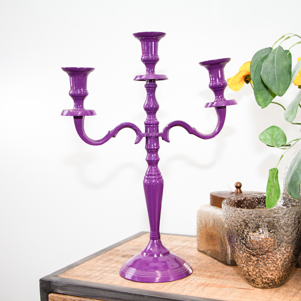 Kerzenhalter, 3 Kerzen, Chabby Chic, lackiert | Eisen, Violett | H38,0xB28,5 cm