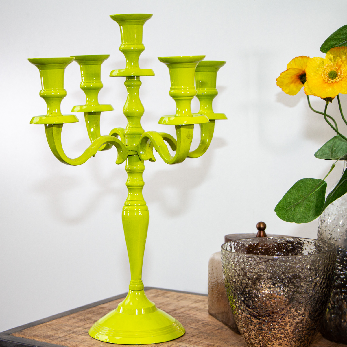 Kerzenhalter, 5 Kerzen, Chabby Chic, lackiert | Eisen, Grün | H39,0xB28,5 cm
