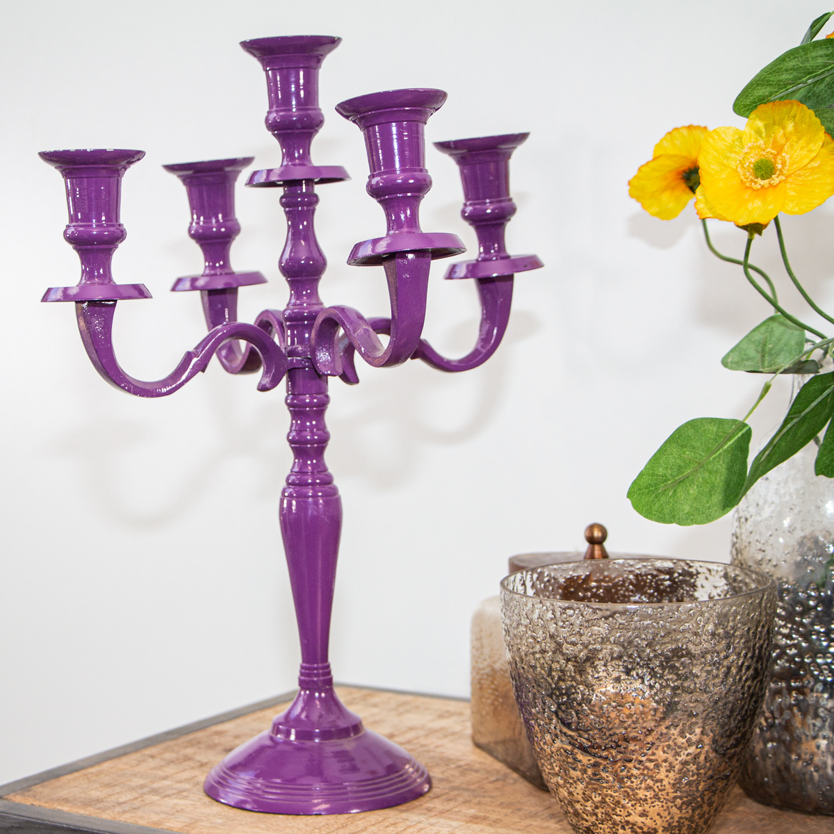 Kerzenhalter, 5 Kerzen, Chabby Chic, lackiert  | Eisen, Violett | H39,0xB28,5 cm