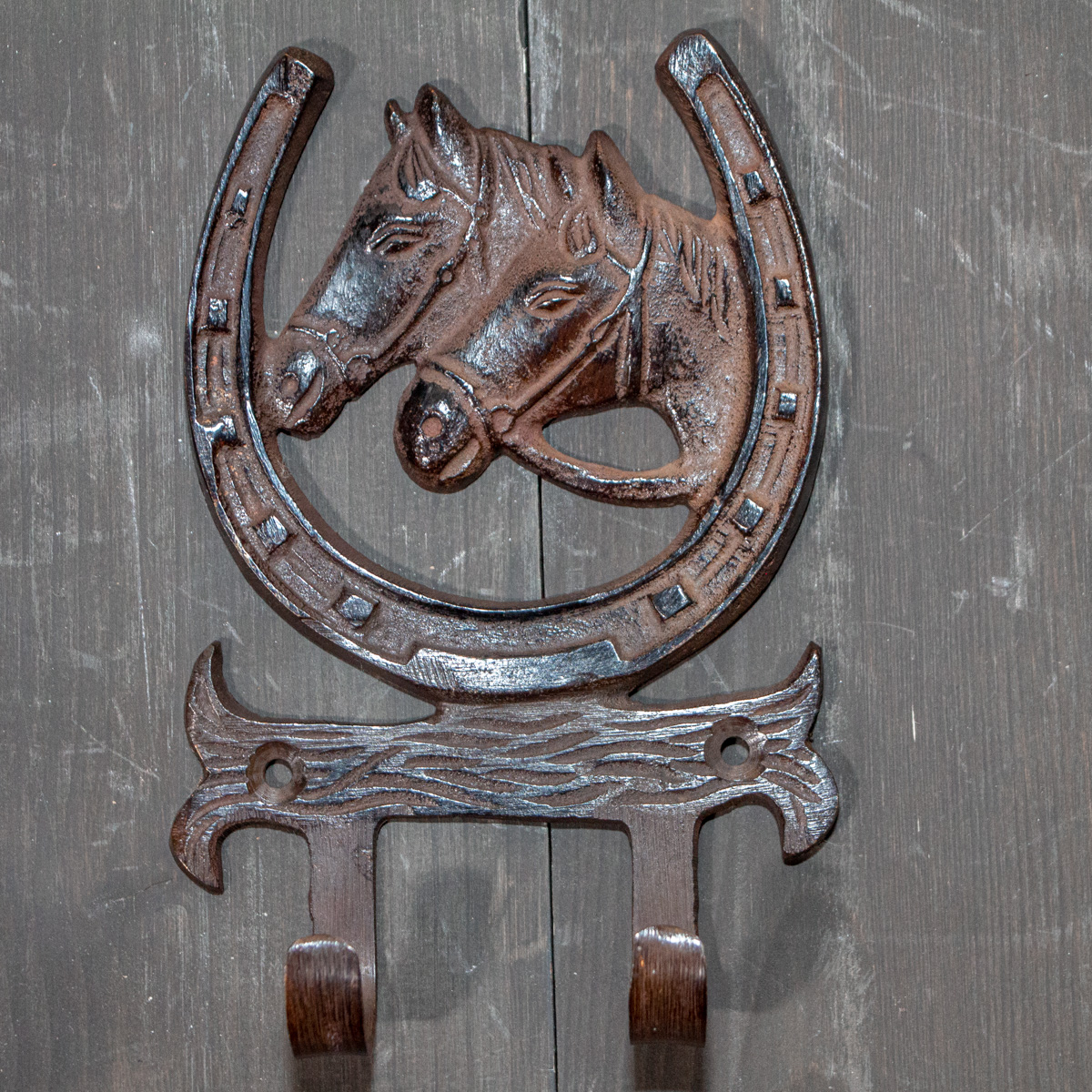 Kleiderhaken, Doppel, Gusseisen, Antikbraun, Pferd
