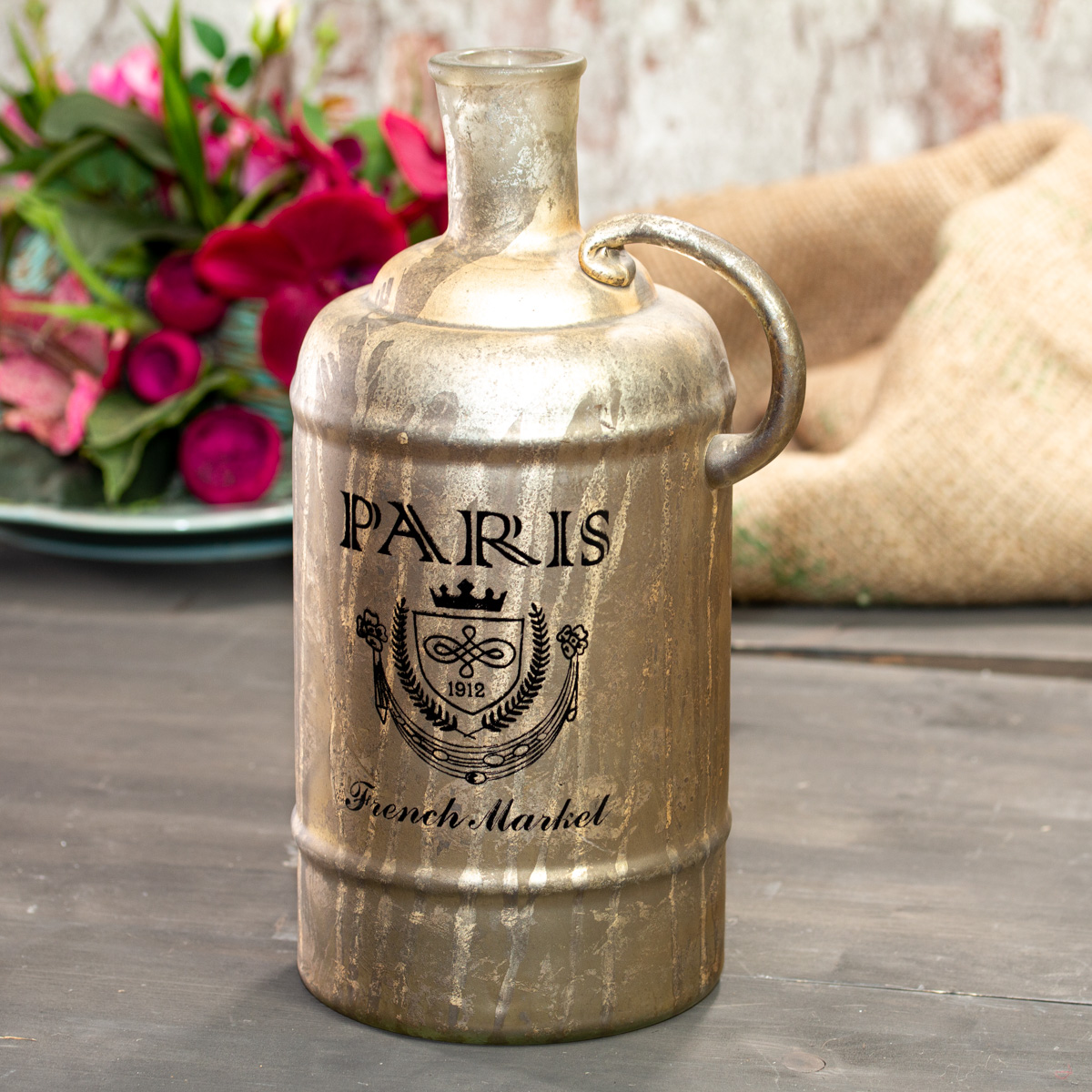 Flasche im Shabby Chic, Vase, Gelb-Grau, Deko-Flasche, Dekoration