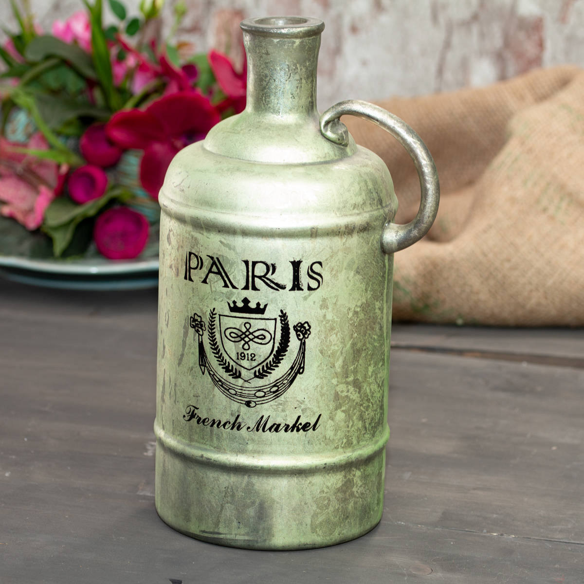 Flasche im Shabby Chic, Vase, Grün-Grau, Deko-Flasche, Dekoration