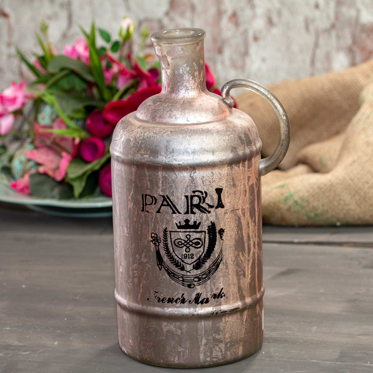 Flasche im Shabby Chic, Vase, Pink-Grau, Deko-Flasche, Dekoration