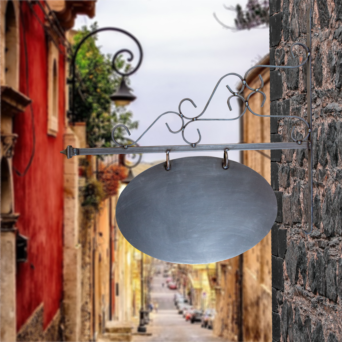 Werbeschild im Vintage-Stil, Groß, unlackiert, Oval, Eisen, Ladenschild