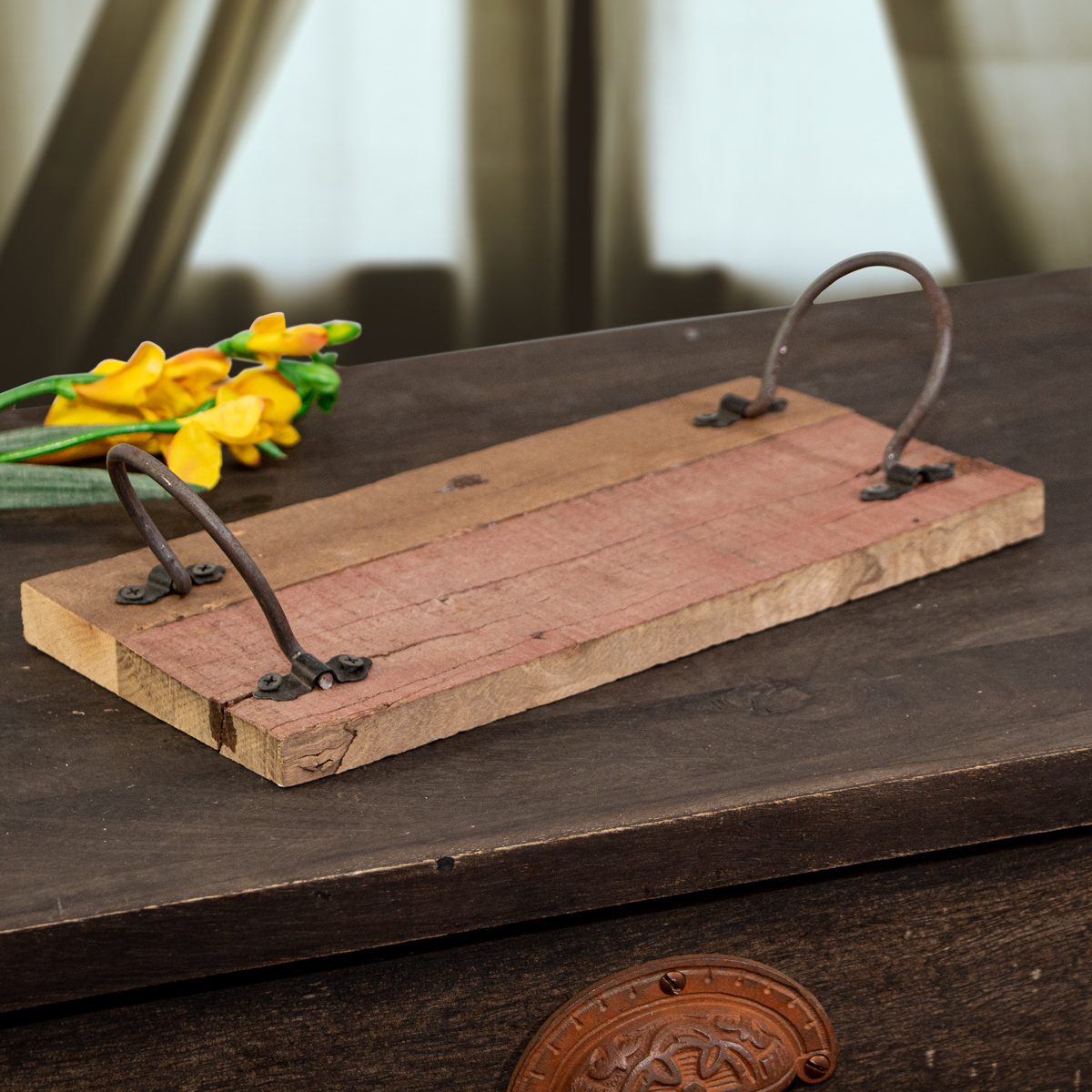 Rechteckiges Holzbrett mit Metallgriffen, Präsentation Dekoration-30,0x15,0cm