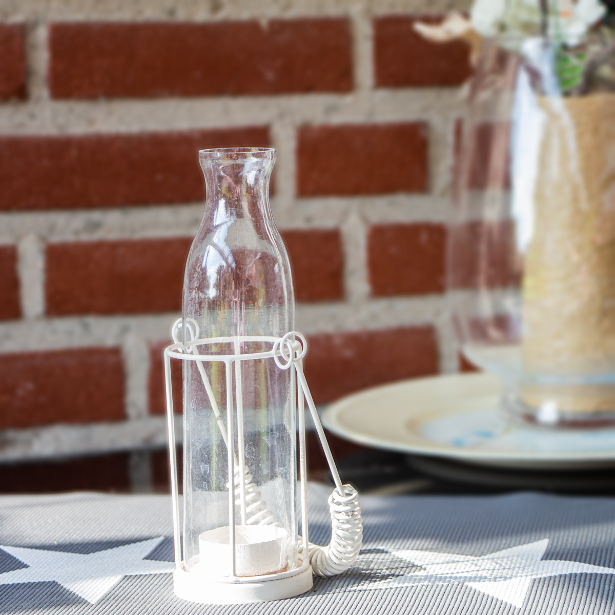 Windlicht, Glas, Eisen, klein, Flasche | Eisen, Glas, Weiß | H 22,0 x B 9,0 cm