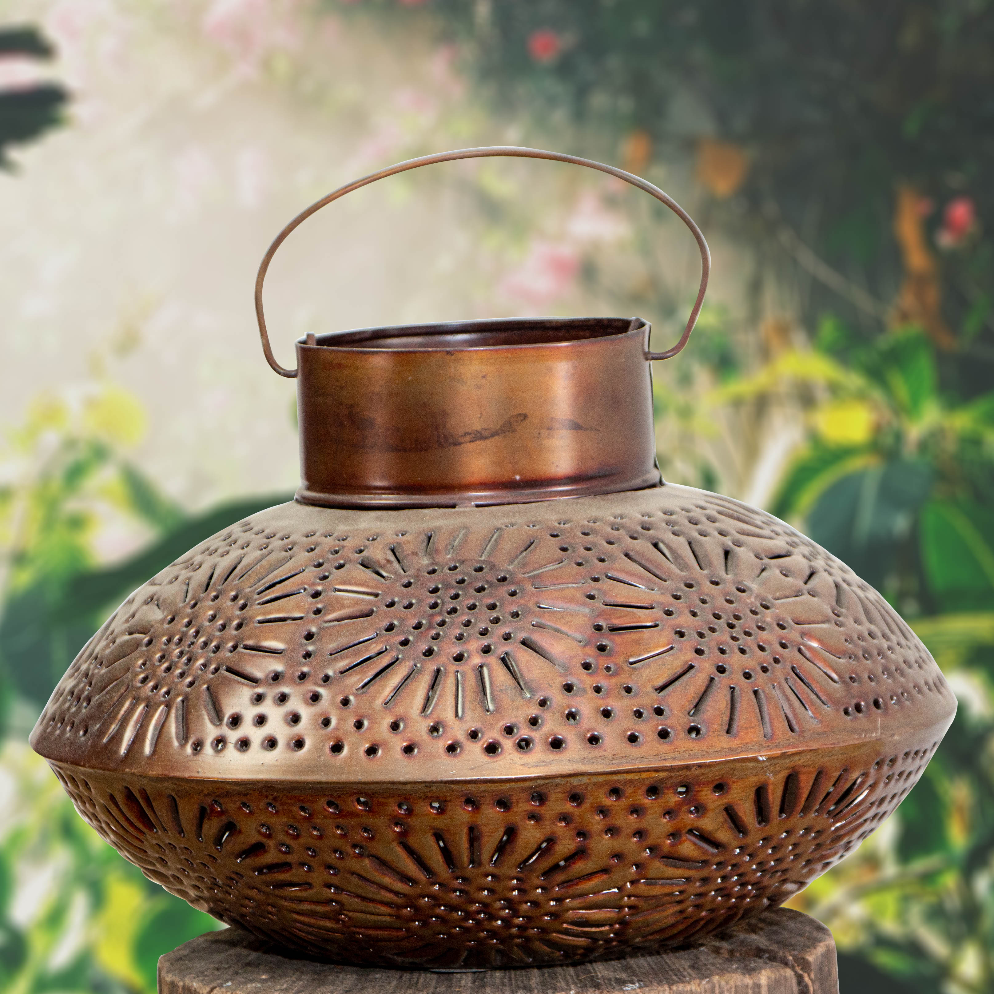 Laterne im Kupferstichlook, Flecht-Look, Flachrund,Windlicht, Kerzenhalter