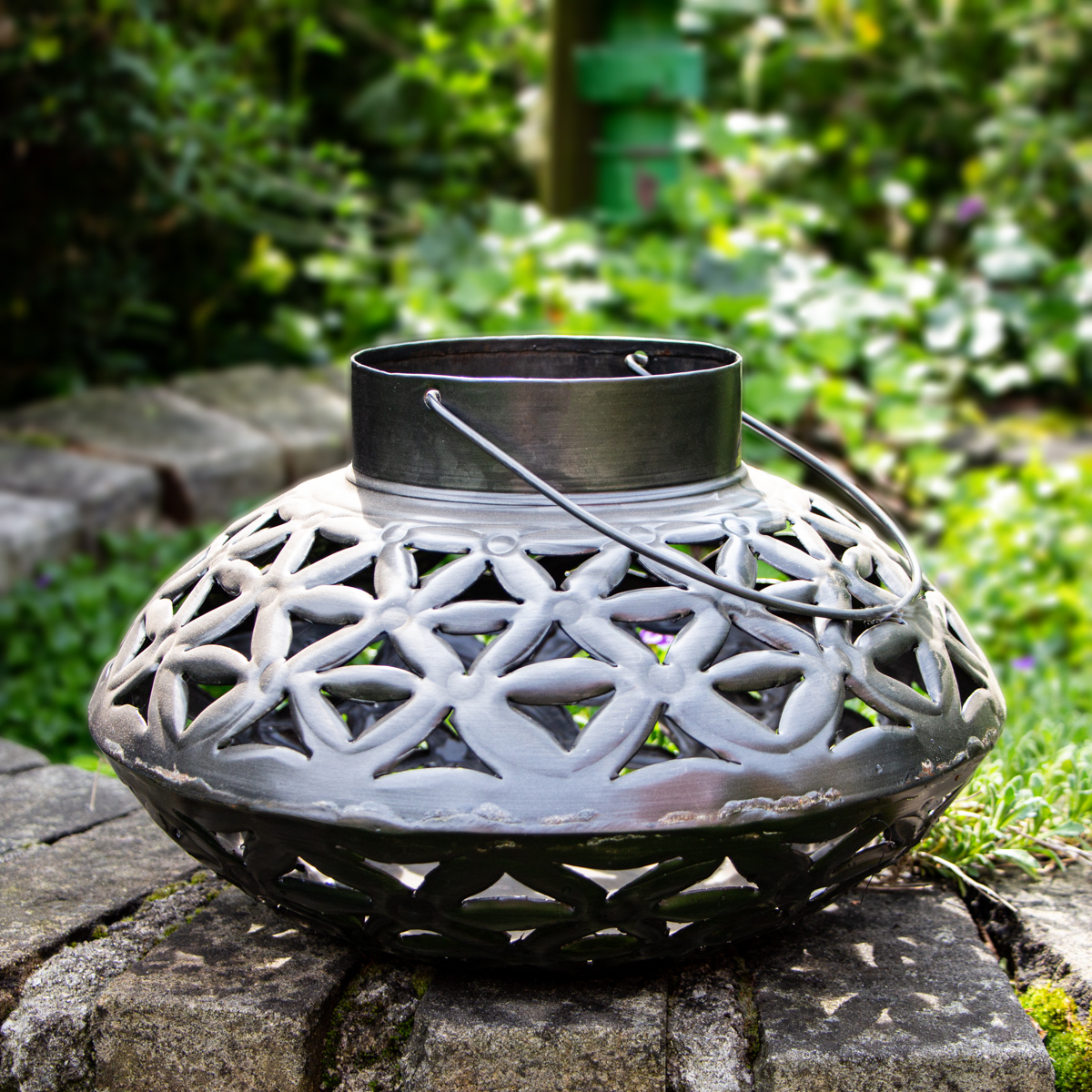 Laterne, Oval, Blumenmuster, Windlicht | Eisen, Grau-silber | H 31,0xB 19,0 cm