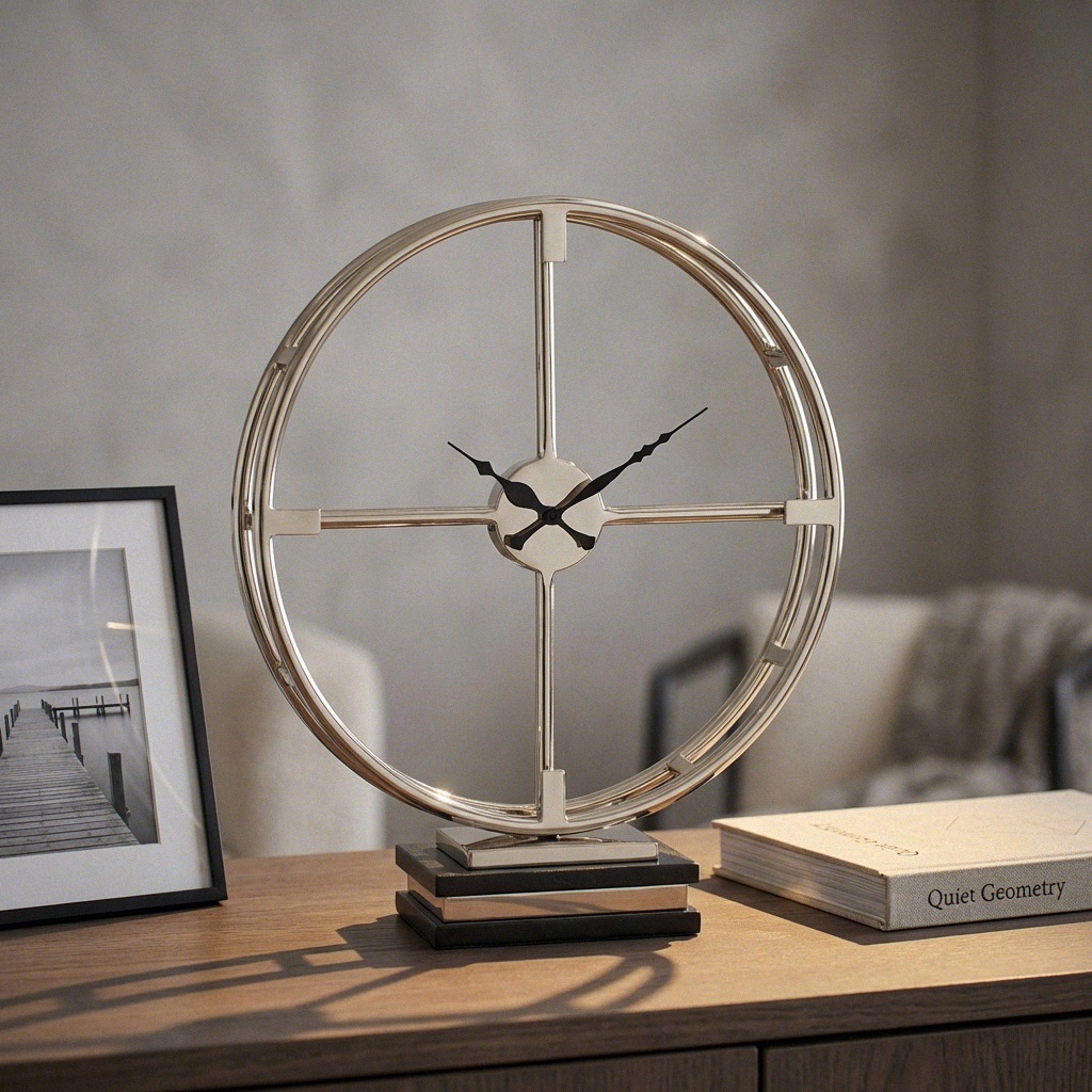 Premium Tischuhr Metall Nickel, offener Ring, schwerer Marmor Sockel, H.48 cm