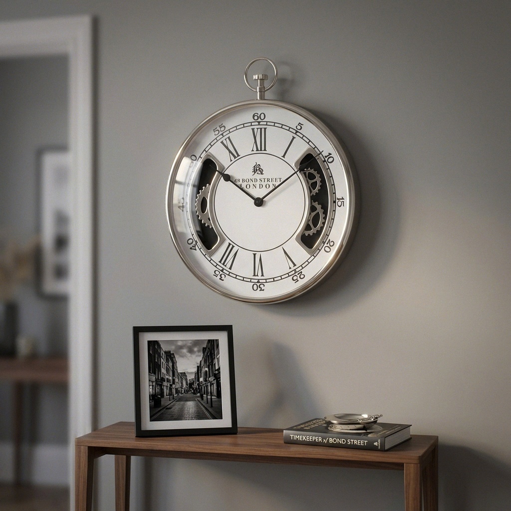 Hochwertige Wanduhr im Taschenuhr-Design, silbern vernickelt, HxB.76x62 cm