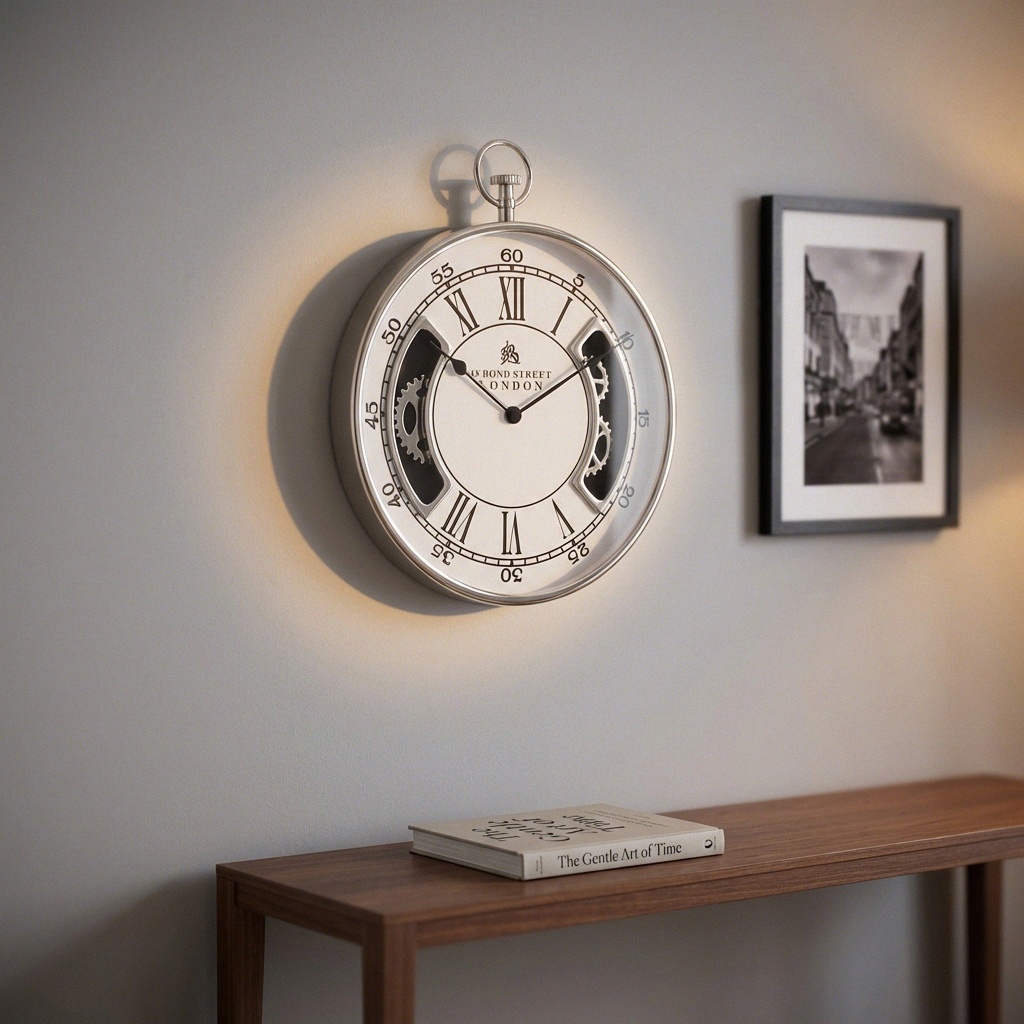 Wanduhr Taschenuhr-Design, rund, silbern glänzend, hochwertig, HxB.51x40 cm