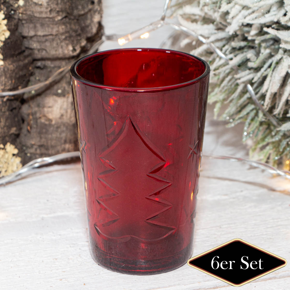 Teelichthalterset, Baum, 6er Set | Glas, Rot | H9,5xB6,5 cm