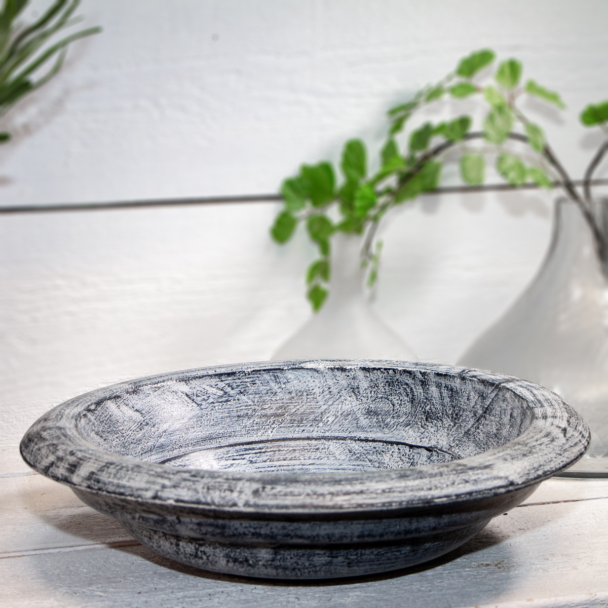 Holzschüssel, Rand, Groß, Blau-Grau, in Shabby- Chick