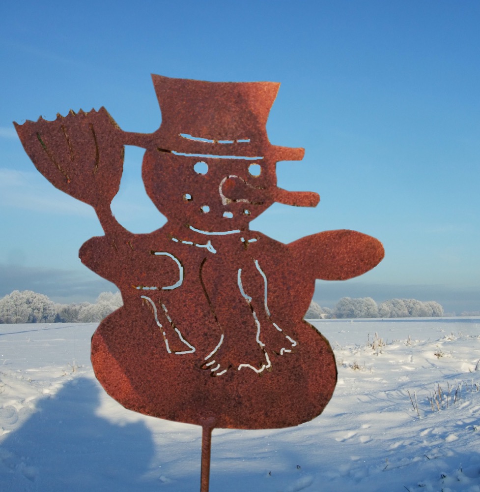 Schneemann auf Stab, Edelrost Dekoration Winter, Weihnachten Weihnachtsmann