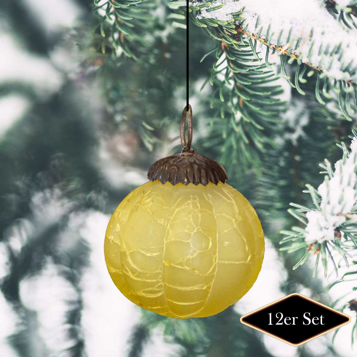 Christbaumschmuck aus frozen Glas, Gelb, gecracktes Glas, Christbaum, 12er Set
