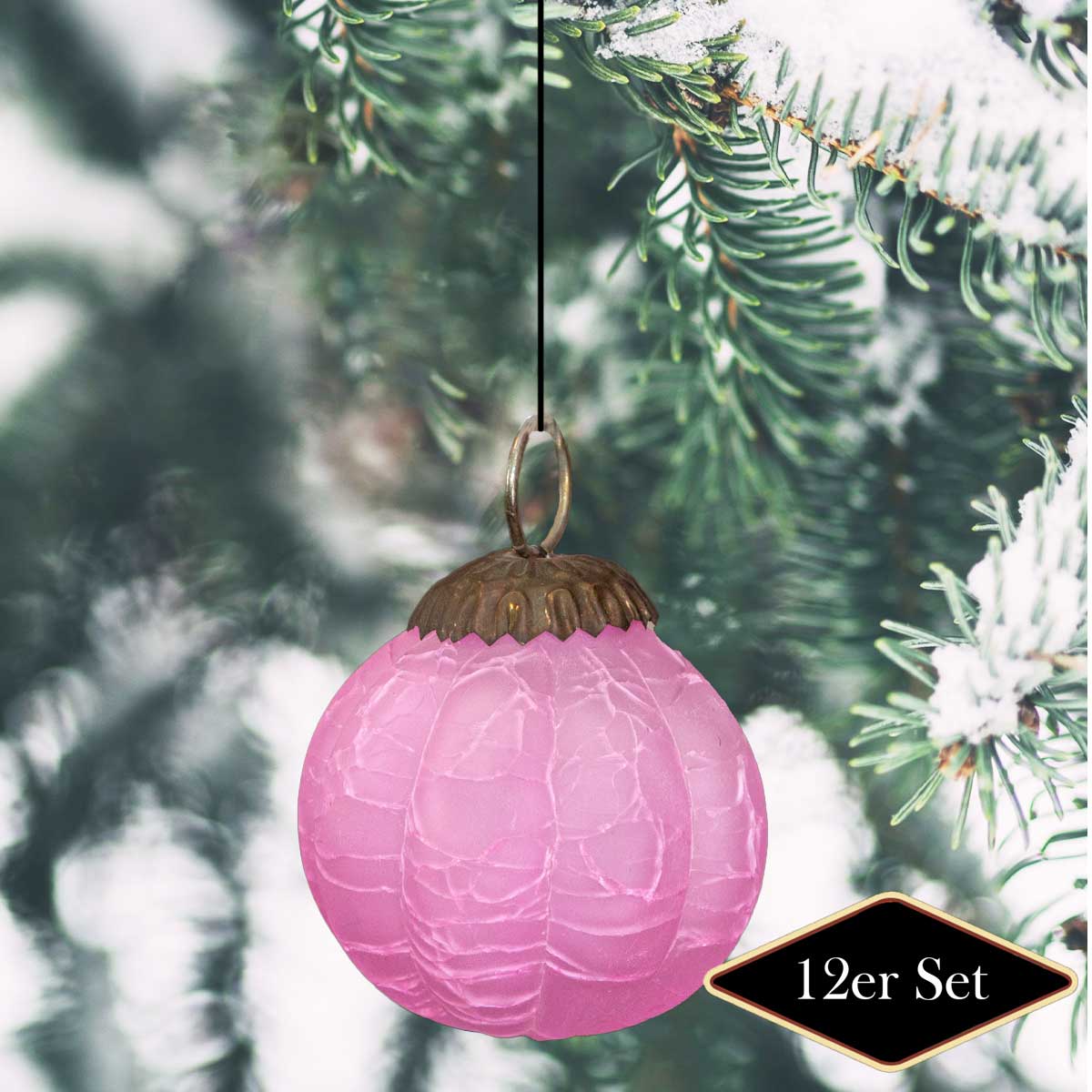 Christbaumschmuck aus frozen Glas, pink, gecracktes Glas, Christbaum, 12er Set