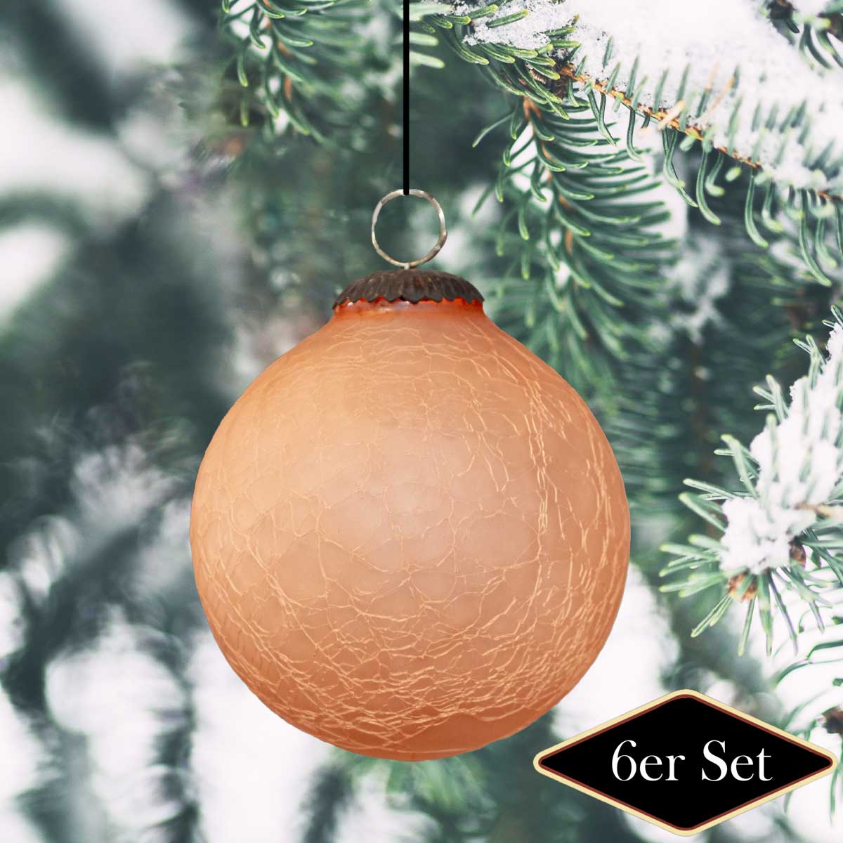 Christbaumkugel, gefrostetes Glas, Lachsfarbend, XL, gekrakeltes Glas, 6er Set