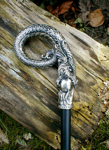 Spazierstock - Drachen Silberknauf - Fantasy Larp Mittelalter Gehstock originell