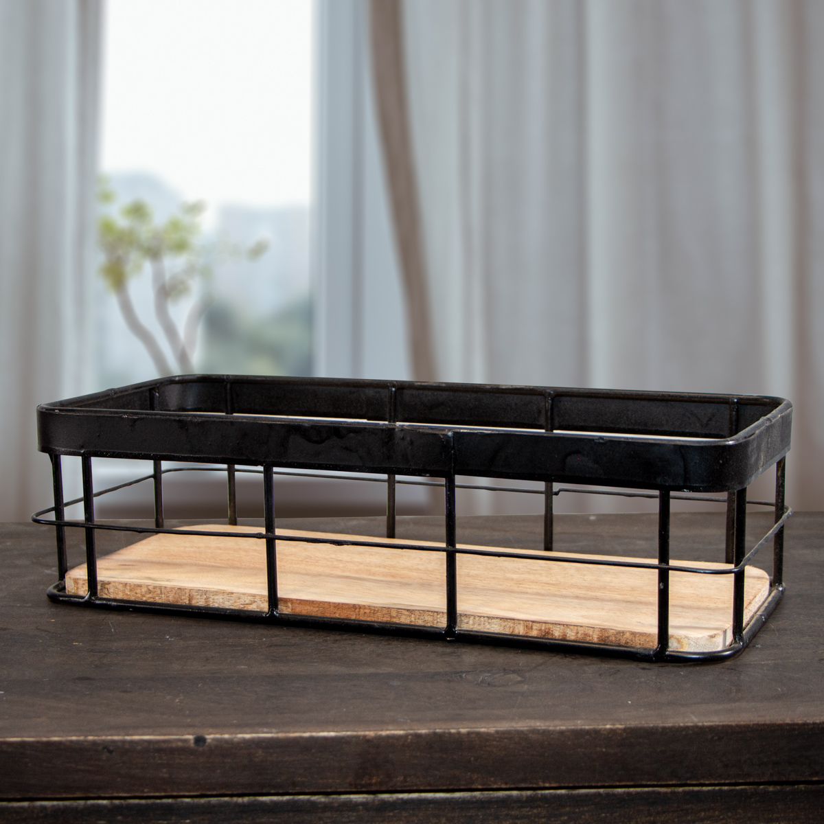 Tablett, rechteckig, flach, Holz, Eisenrahmen, Dekoration