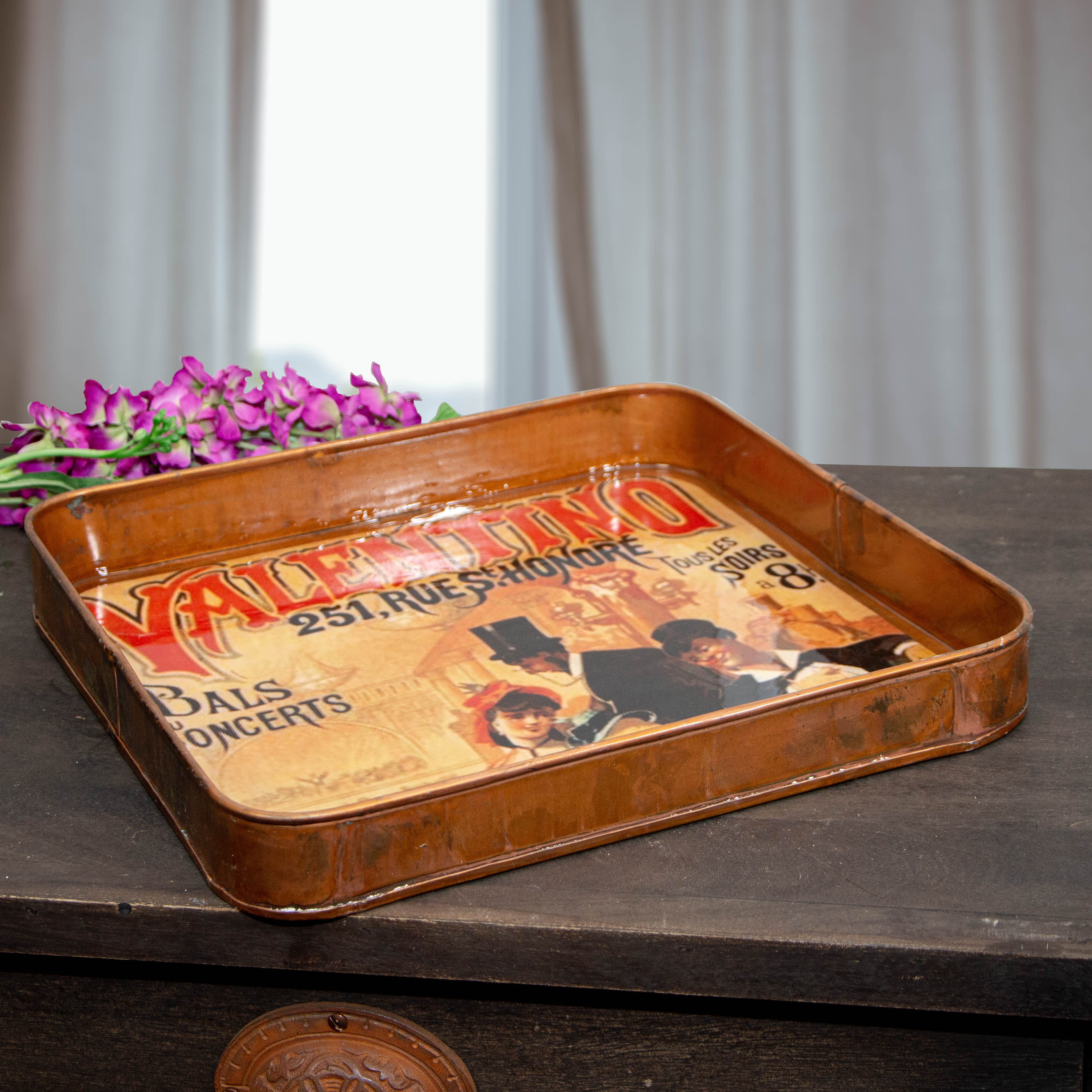 Tablett, Quadratisch, Braun, Eisen, Antiker Aufdruck, Frankreich, Dekoration