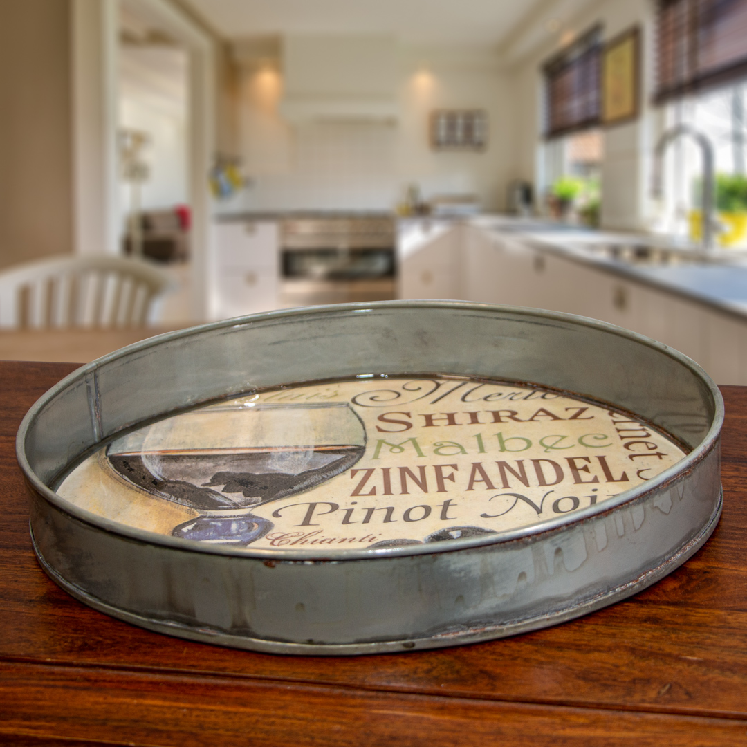 Tablett, rund, silber, Eisen, Antiker Aufdruck, Wein, Dekoration