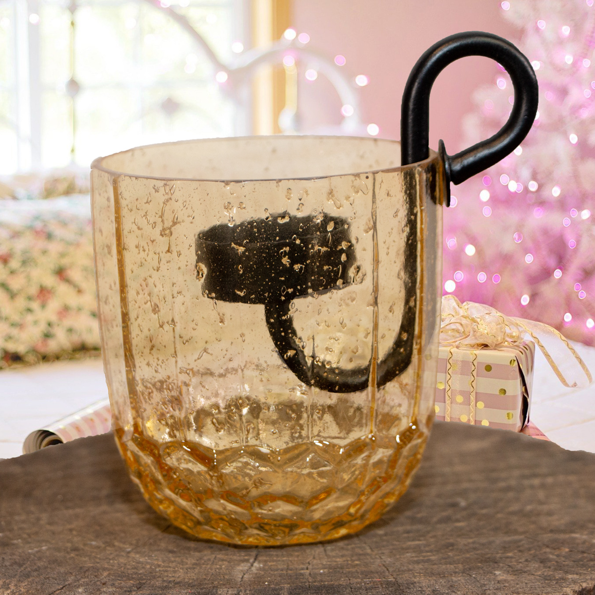 Teelichtglas und Einsatz, Gelb, Gekrakeltes Glas, Weihnachten, Advent