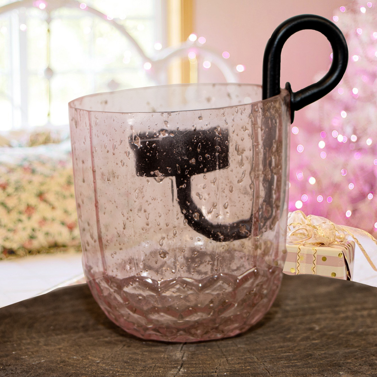 Teelichtglas und Einsatz, pink, Gekrakeltes Glas, Weihnachten, Advent