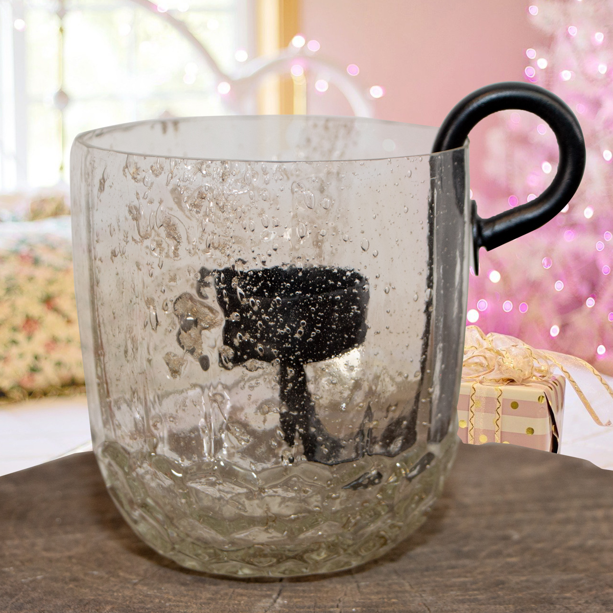 Teelichtglas und Einsatz, weiß, Gekrakeltes Glas, Weihnachten, Advent