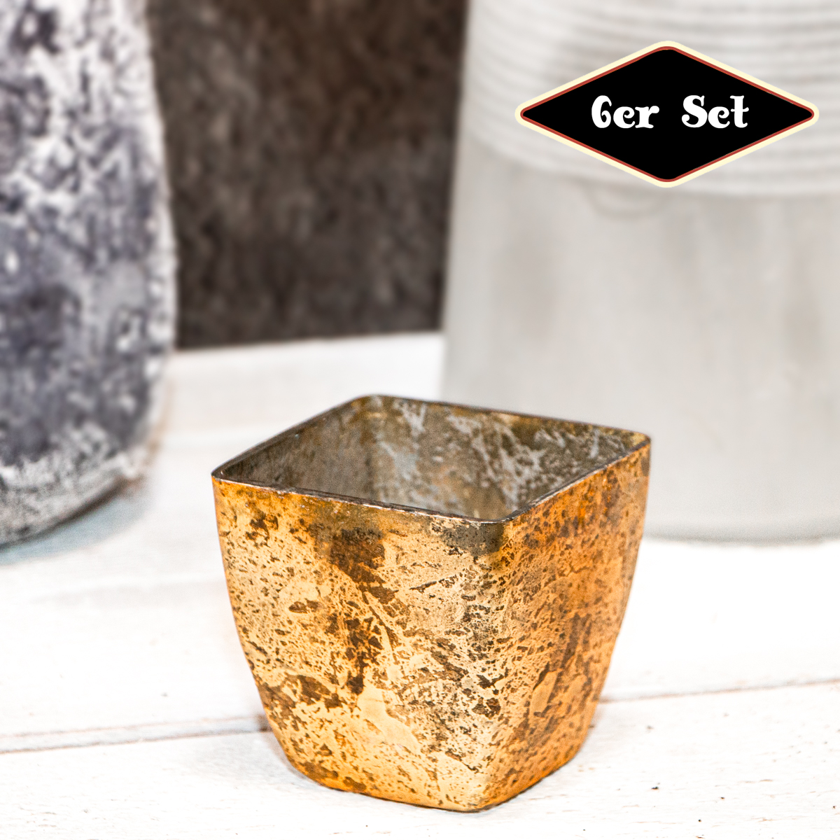 Teelichtset, 6er, Chabby Chic | Glas, Gold | H 7,2 x B 7,6 cm