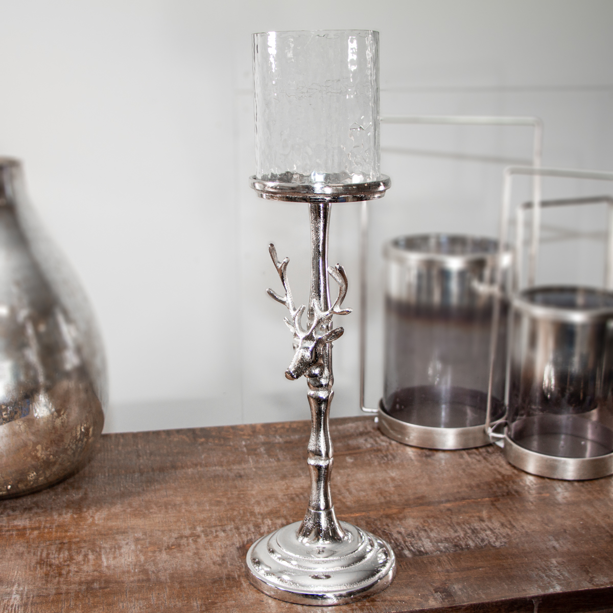 Kerzenhalter, Rehmotiv, Groß, Stumpenkerze, Chabby Chic | Aluminium, Silber | H 46,0 x B 13,5 cm
