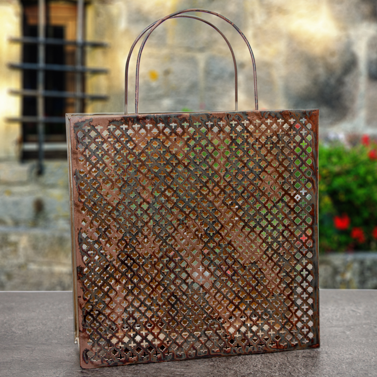 Windlicht aus Kupferfarbenen Aluminium, In Taschenform, groß