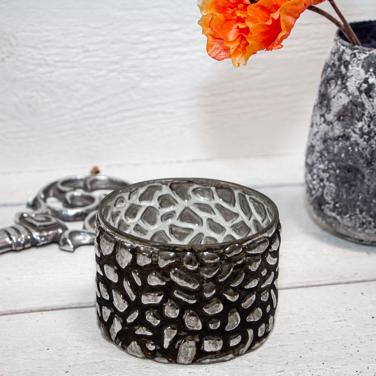 Teelichthalter, Struktur, Chabby Chic | Glas, Schwarz | H 9,0 x B 12,0 cm