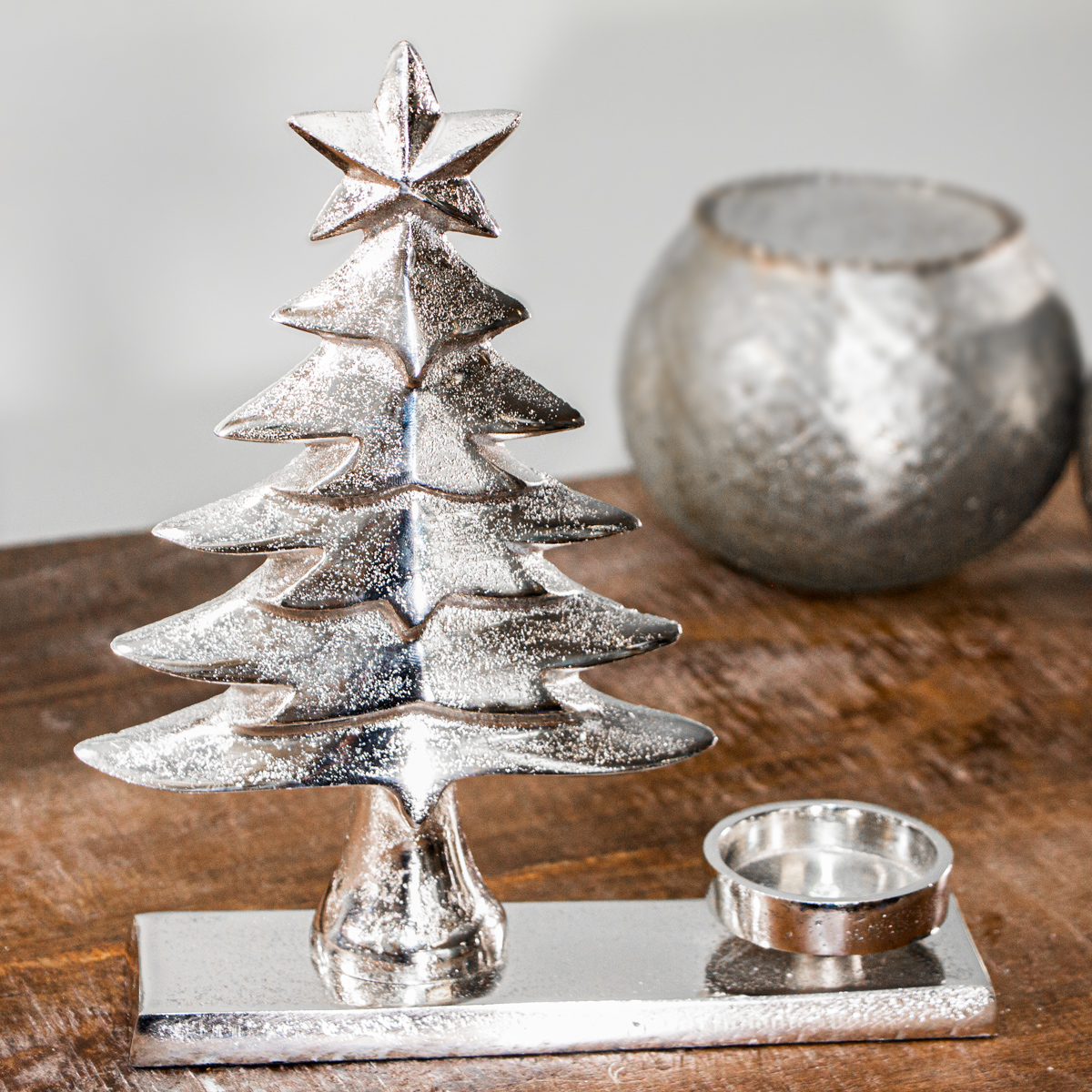 Kerzenhalter, Tannenbaum, Stumpenkerze, Chabby Chic | Aluminium, Silber | H 23,5 x B 20,0 cm