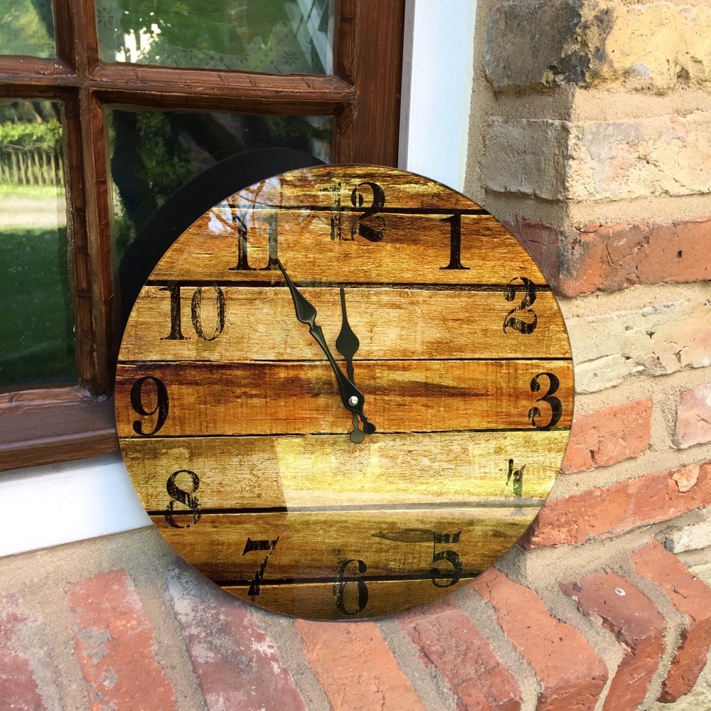 Vintage Wanduhr wie Holz - Landhausstil Uhr aus Glas - Küchenuhr Country Look