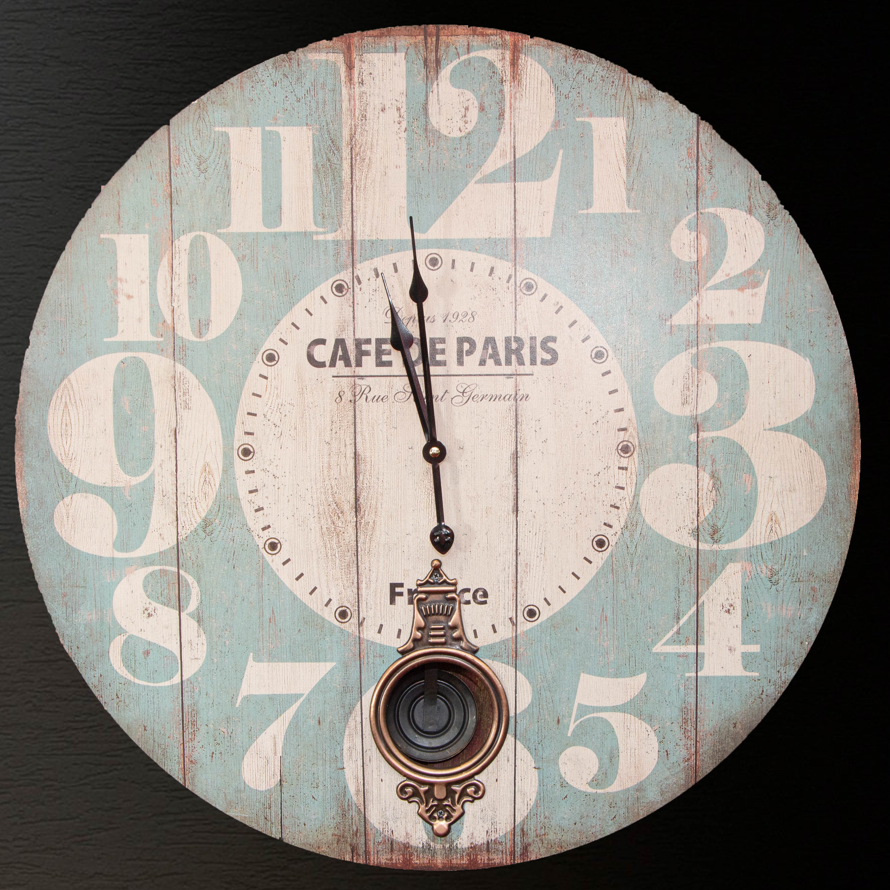 Paris Küchenuhr aus Holz - Wanduhr im Holz-Look - Pendel, Hellblau