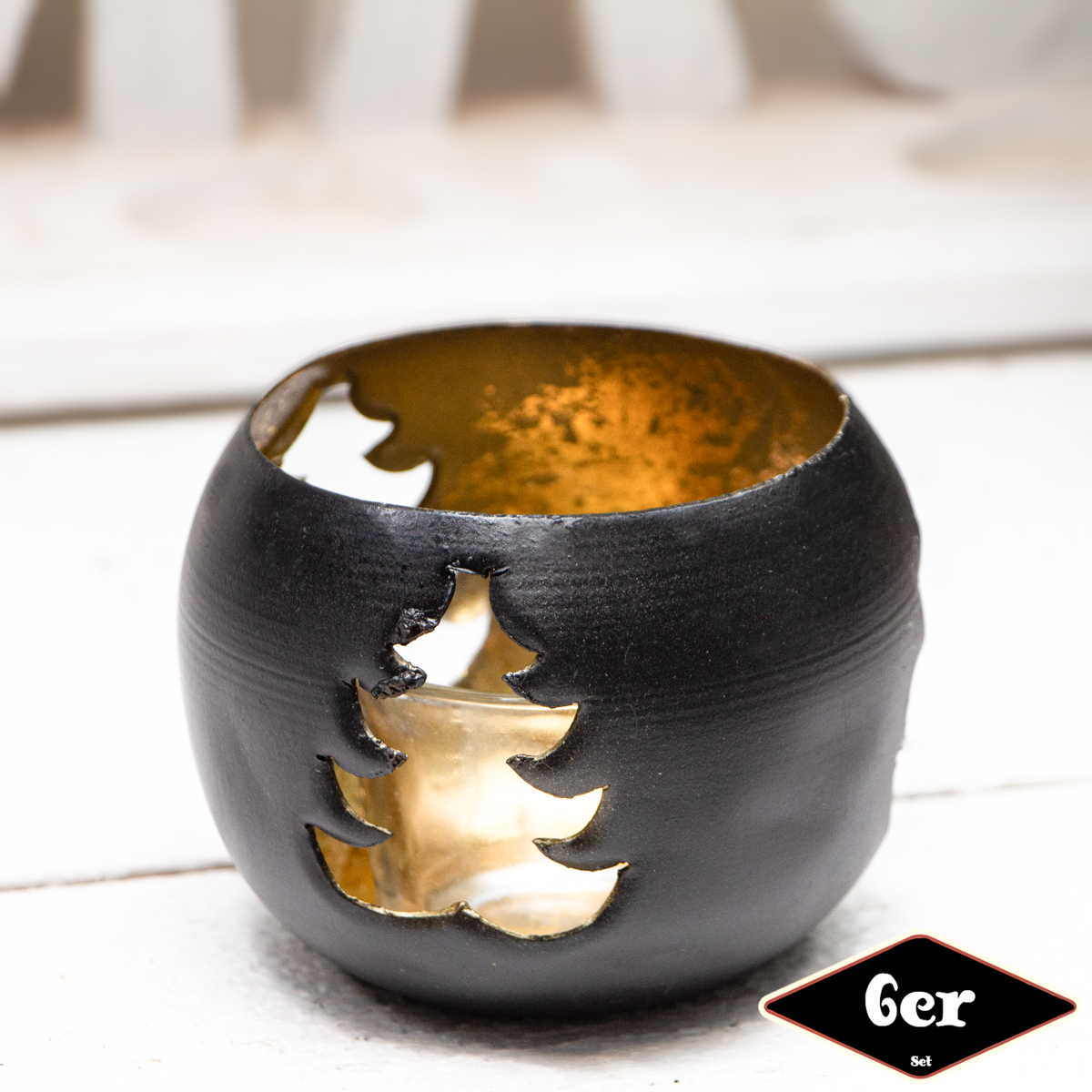 Teelichthalterset, Baum, 6er Set | Eisen, Schwarz, Gold | H8,0xB9,5 cm