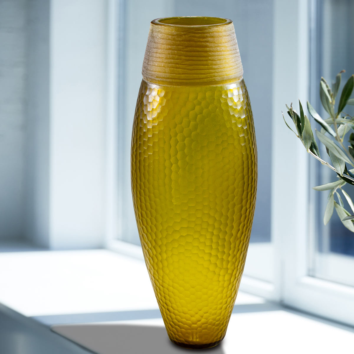 Blumenvase, Glas, Groß, Chabby Chic | Glas, Gelb | H 39,0 x B 16,0 cm