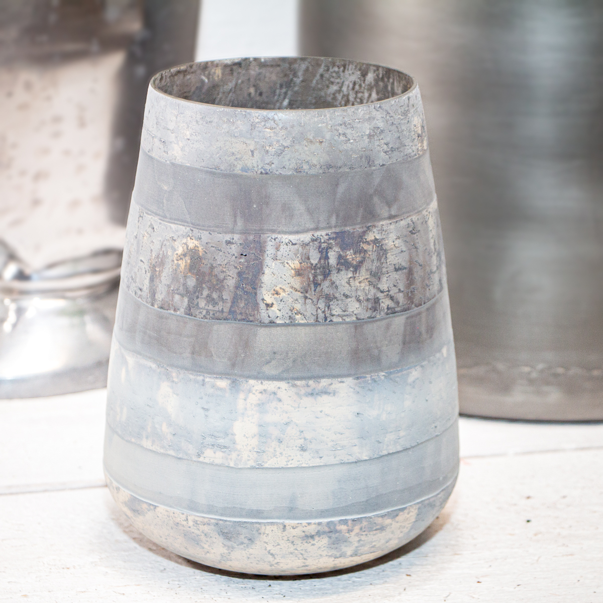 Blumenvase, Gestreift, Glas, Chabby Chic | Glas, Grau | H 21,0 x B 16,0 cm