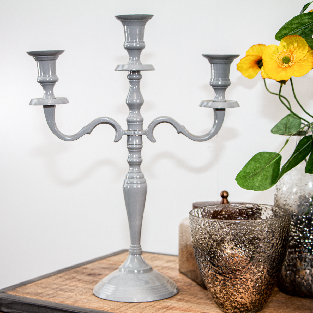 Kerzenhalter, 3 Kerzen, Chabby Chic, lackiert | Eisen, Grau | H38,0xB28,5 cm