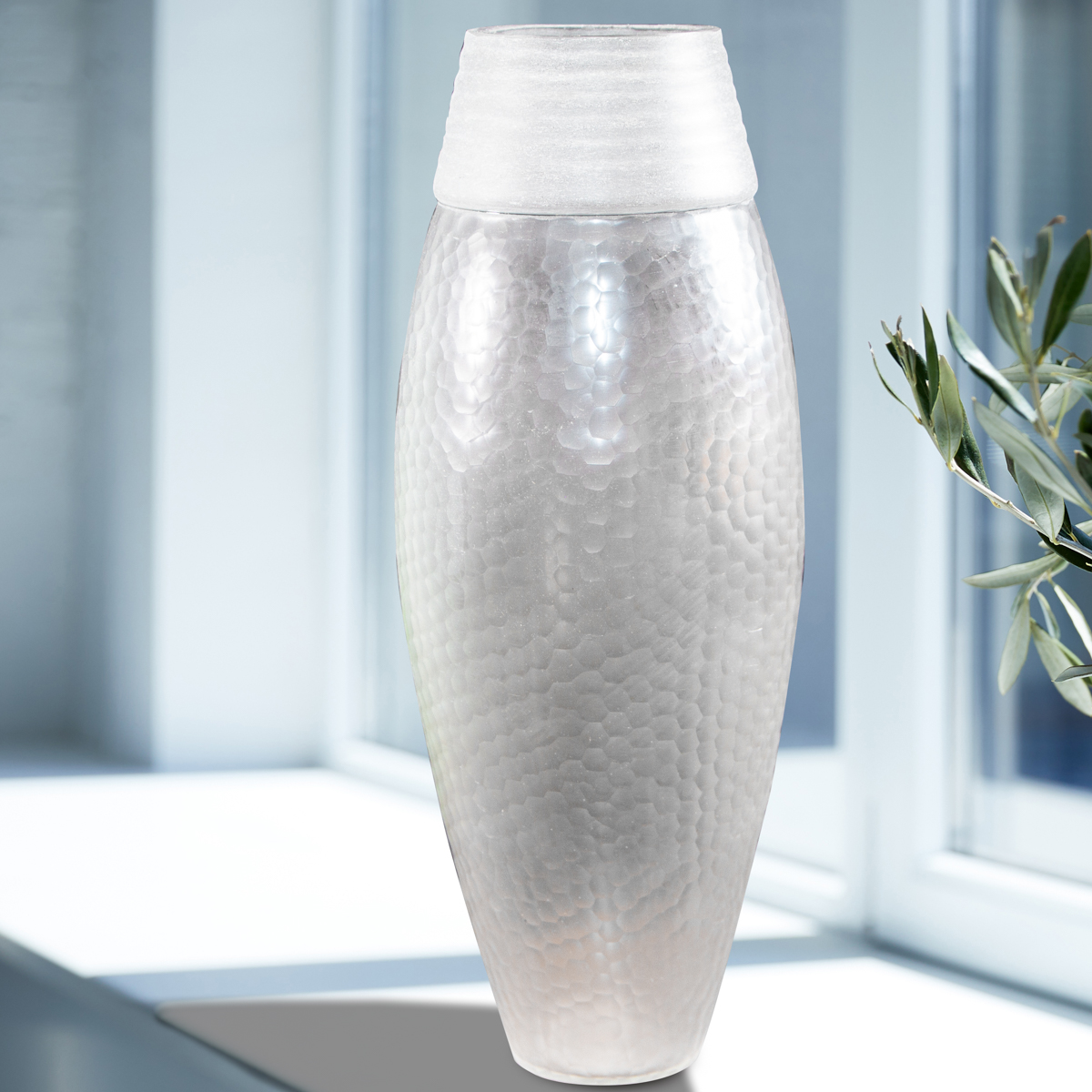 Blumenvase, Glas, Groß, Chabby Chic | Glas, Weiß | H 39,0 x B 16,0 cm