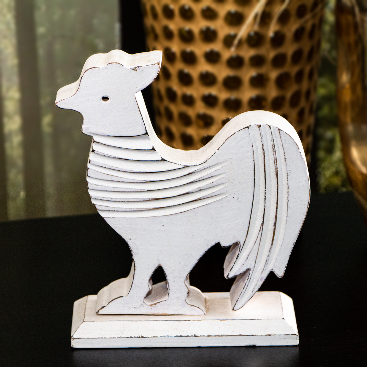 Holzfigur, Hahn, Weiß, Tiere, Tierfiguren, Dekoration