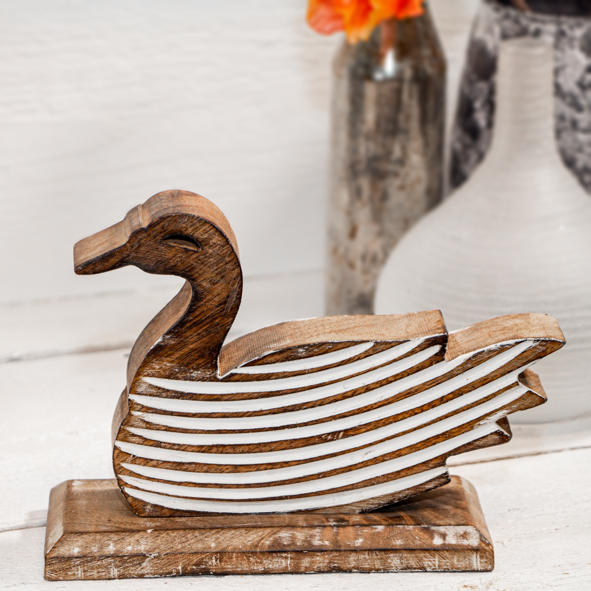 Holzfigur, Ente, Braun-weiß, Tiere, Tierfiguren, Dekoration