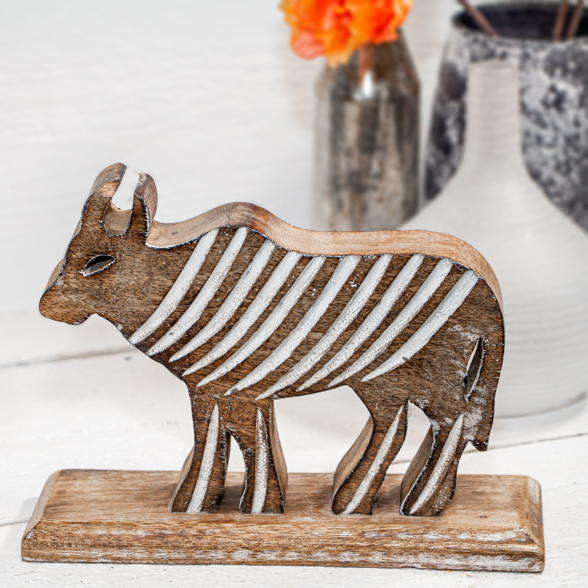 Holzfigur, Stier, Braun-weiß, Tiere, Tierfiguren, Dekoration