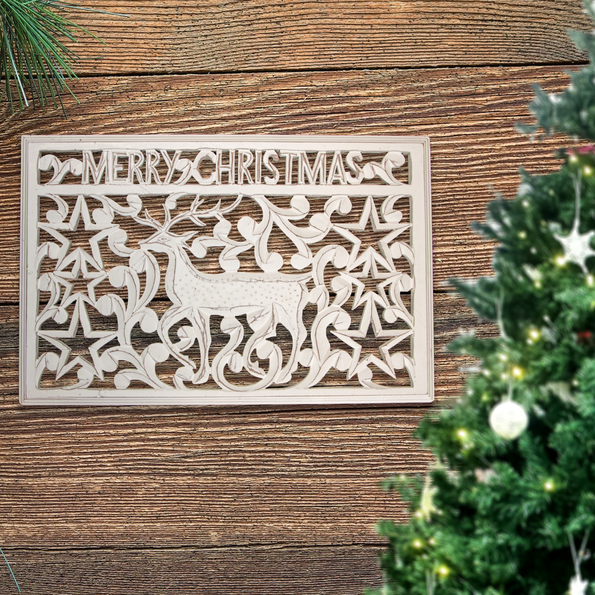 Wandornament, Weihnachten, Rentier, eckig, Holz, Weiß, X-Mas, Dekoration, Deko