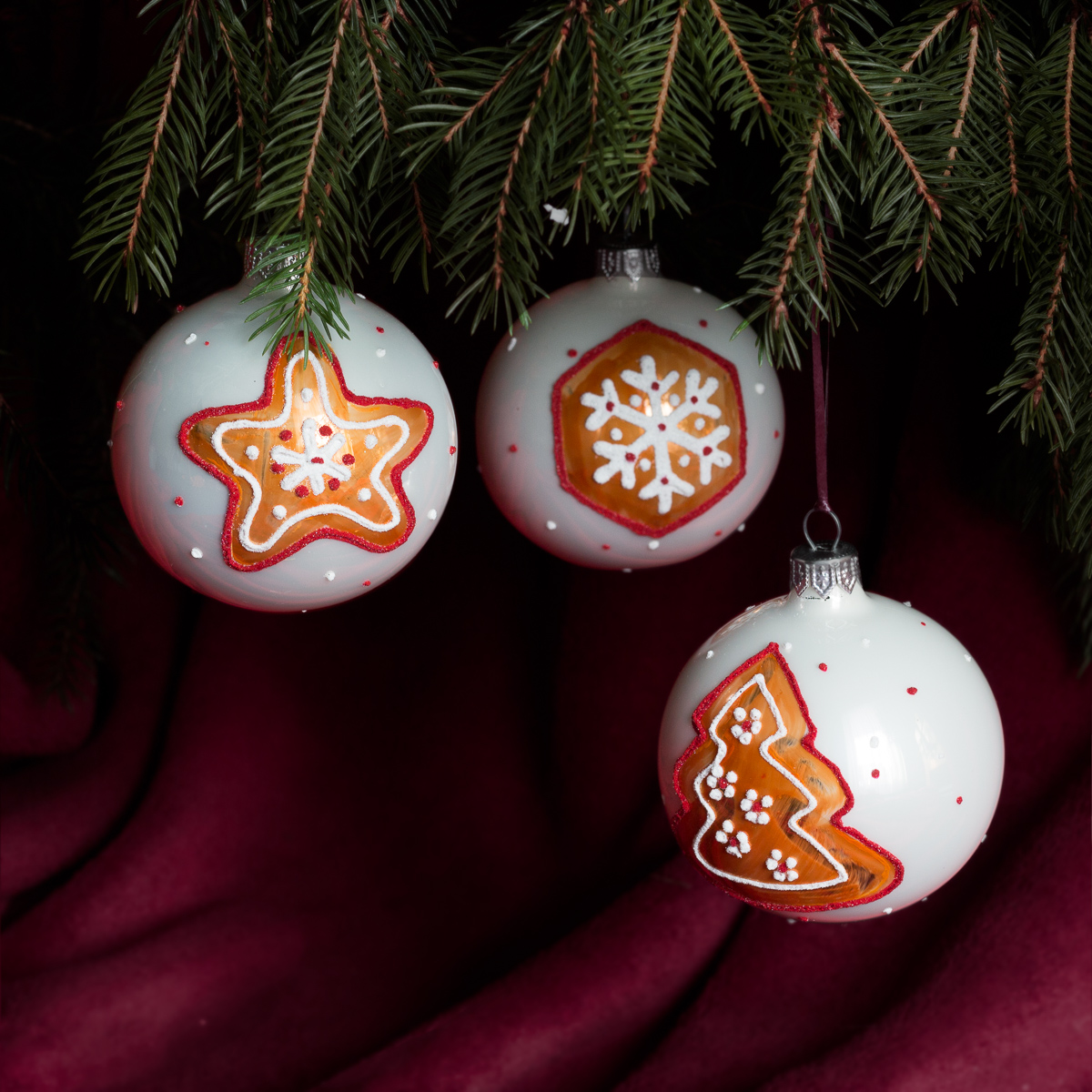 6x Weihnachtskugeln mit 3 verschiedenen Motiven, Christbaumkugeln mundgeblase