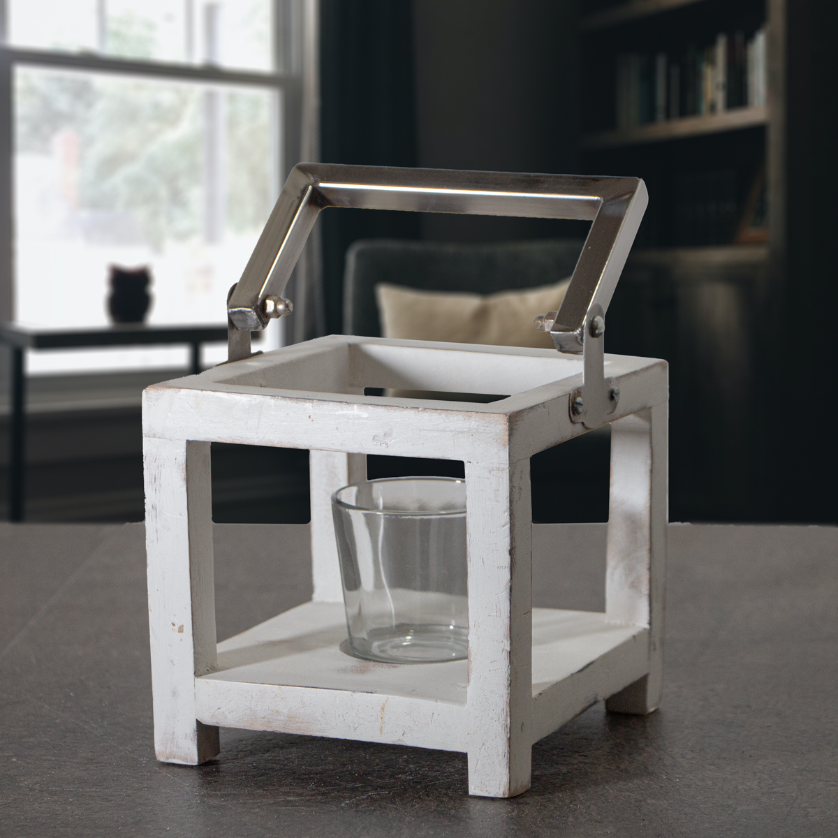 Laterne aus Holz, Windlicht, Weiß, Tragehenkel, Chabby Chic