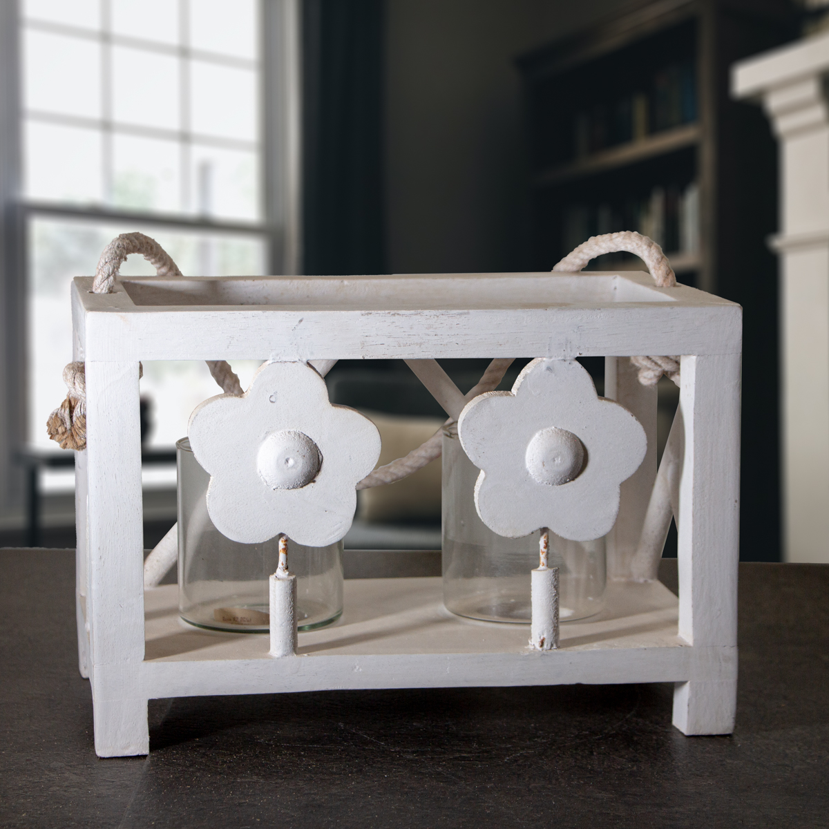 Laterne aus Holz, Windlicht, Weiß, Blumen, Chabby Chic